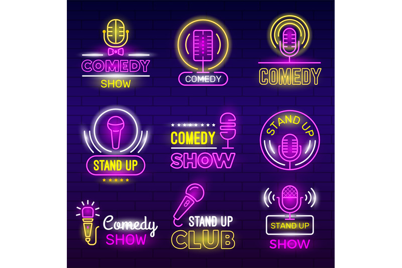 standup-show-retro-microphone-comedy-club-neon-logotypes-comedian-ide