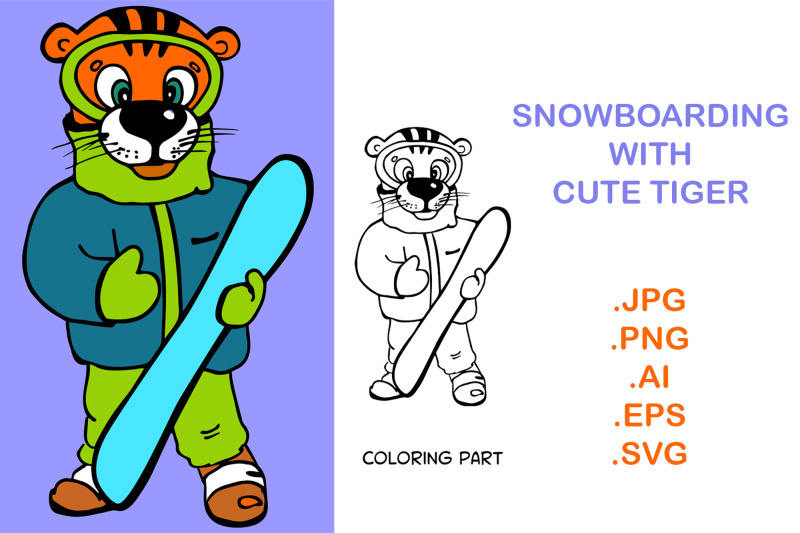 tiger-with-snow-board-illustration-in-vector-svg-coloring-page