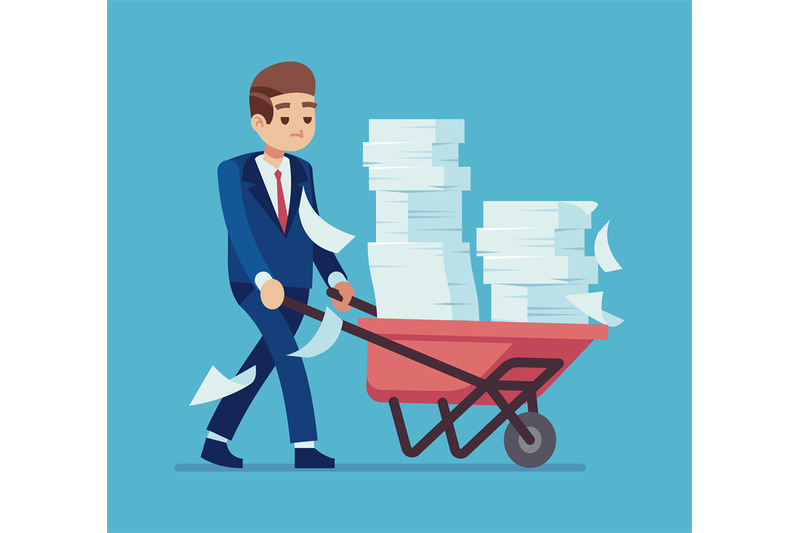 businessman-with-a-pile-of-papers-cartoon-man-carrying-cart-with-stac