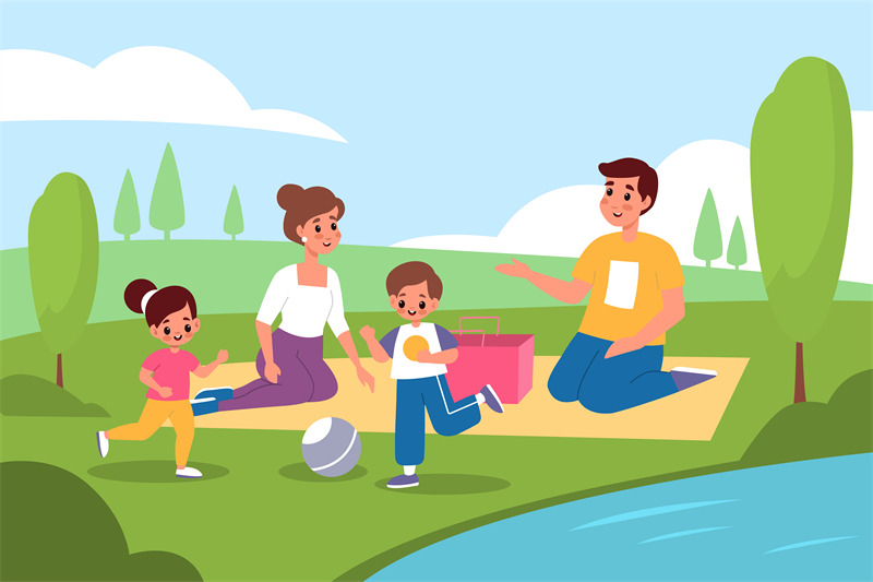 family-picnic-in-nature-parents-and-kids-walk-in-park-people-on-lake