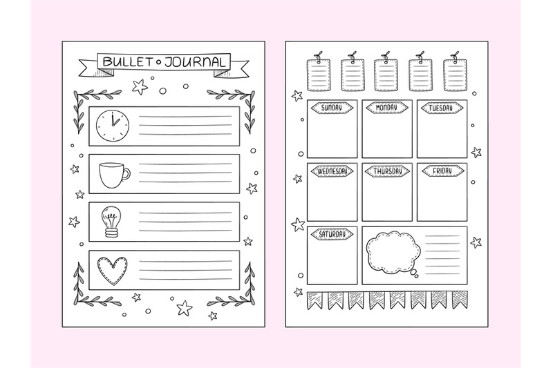 bullet-journal-pages-vector-design-templates-of-hand-drawn-notes-and