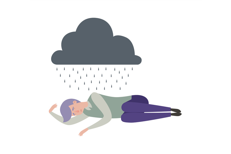 man-sleep-depression-sad-alone-male-under-rainy-cloud-isolated-flat