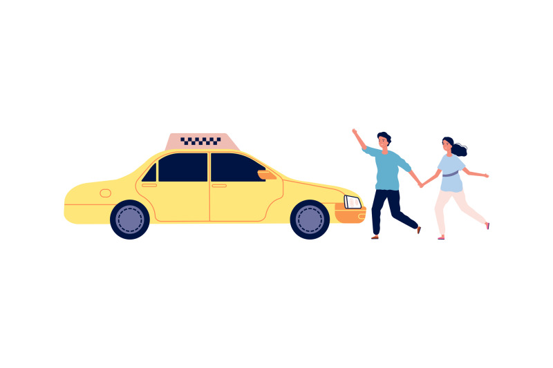 people-catch-taxi-young-couple-stop-yellow-car-isolated-man-woman-an