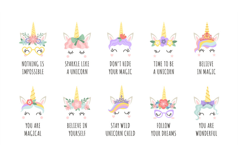 unicorn-quotes-magic-fairy-horse-with-horn-faces-and-motivational-phr