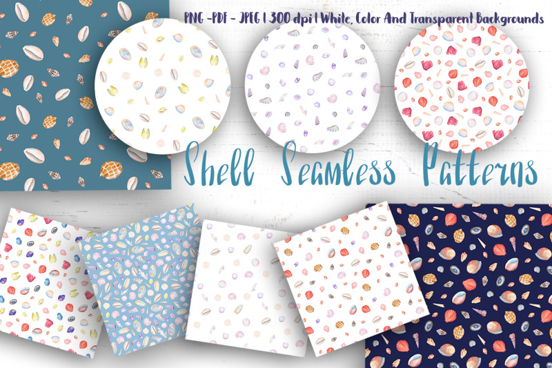 watercolor-seashell-seamless-patterns-set