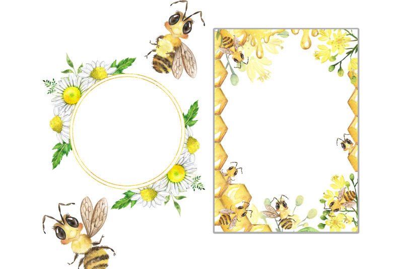 bee-watercolor-clipart-linden-flowers-chamomile-honey-jar-summer
