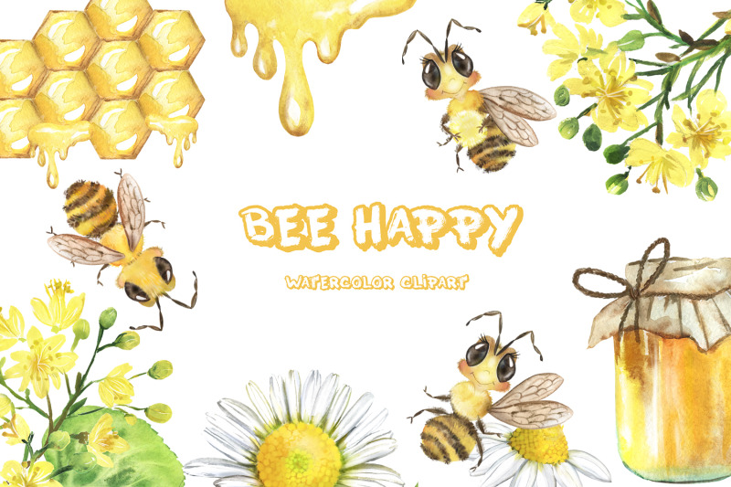 bee-watercolor-clipart-linden-flowers-chamomile-honey-jar-summer