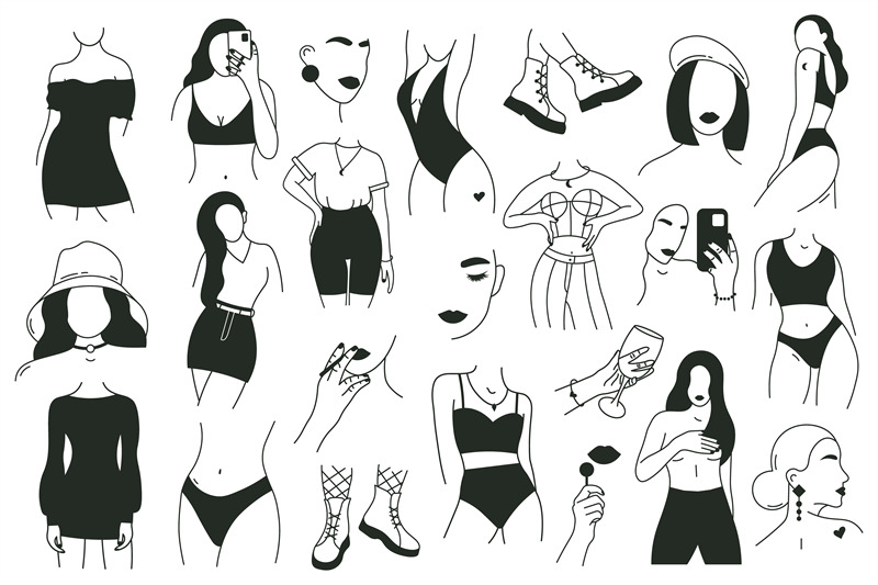 Outline female body elements. Contemporary woman bodies, hand drawn fa