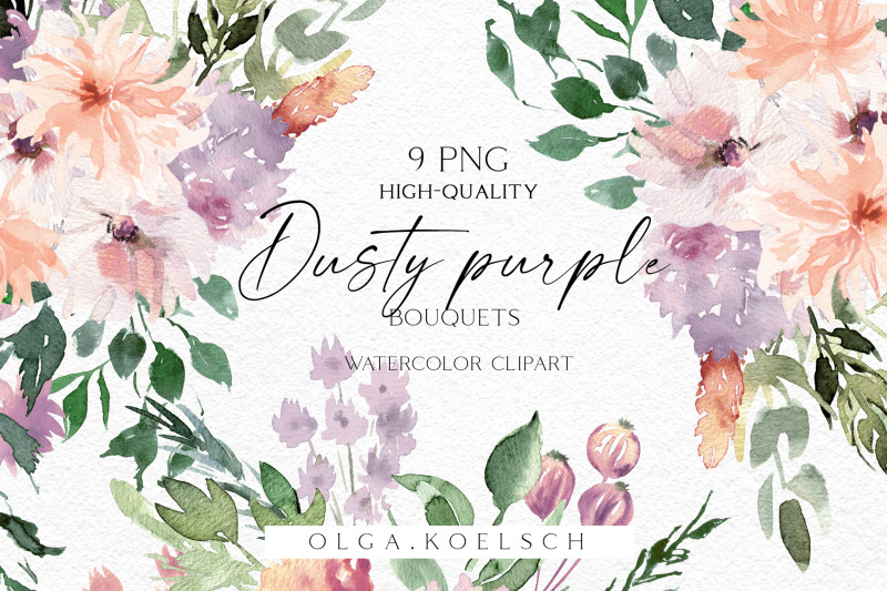 dusty-purple-boho-bouquets-clipart-watercolor-peach-and-purple-floral