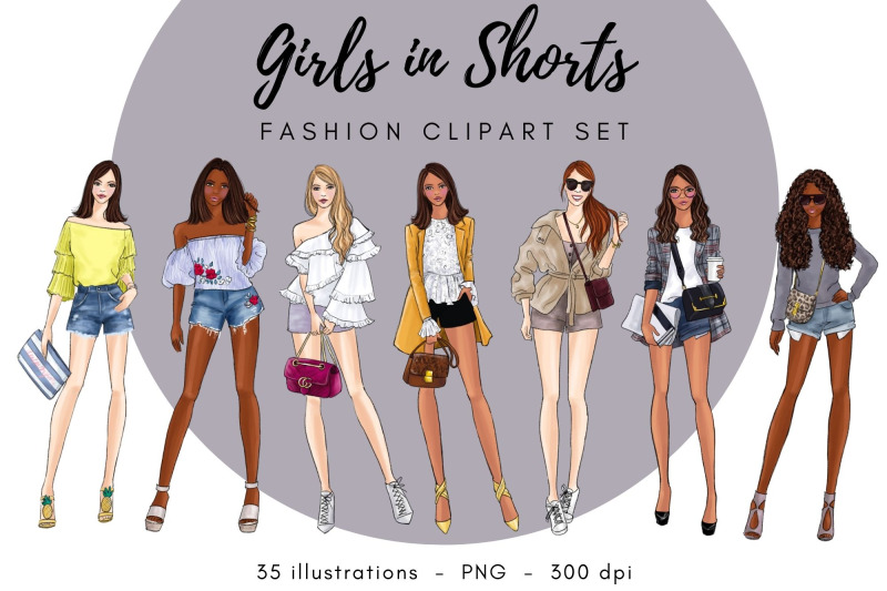 girls-in-shorts-fashion-clipart-set