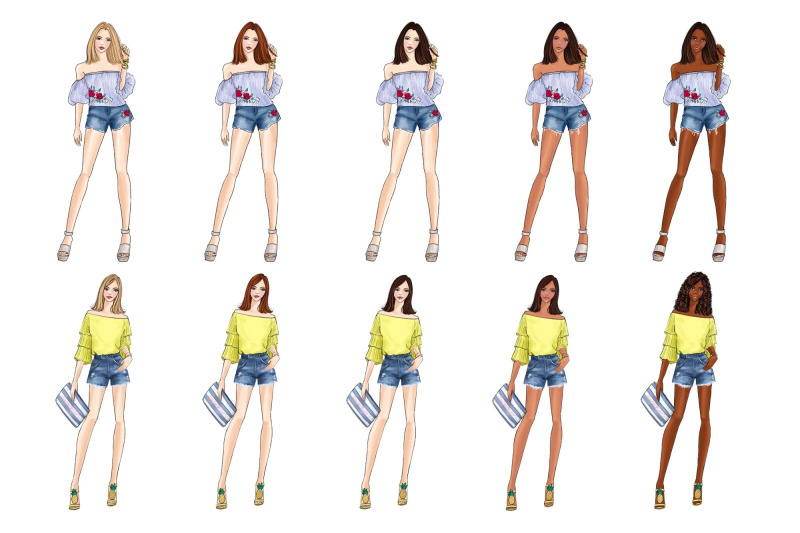 girls-in-shorts-fashion-clipart-set