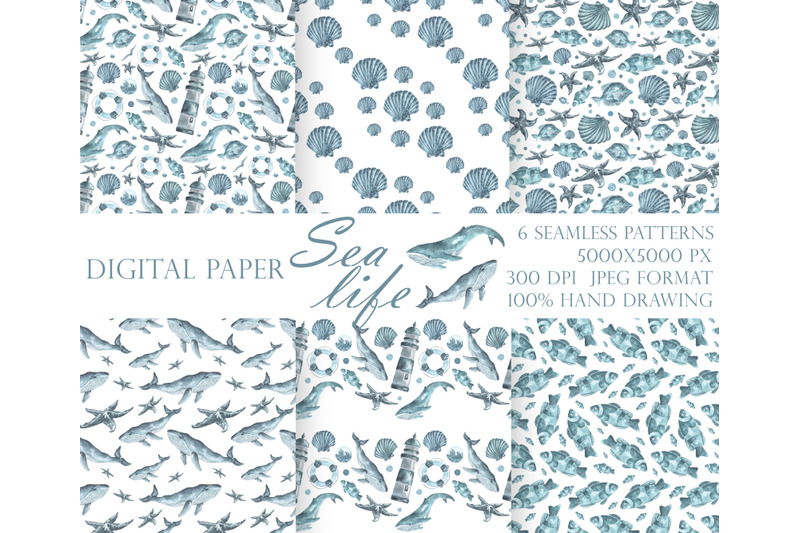 beach-watercolor-digital-paper-sea-seamless-pattern-ocean-pattern