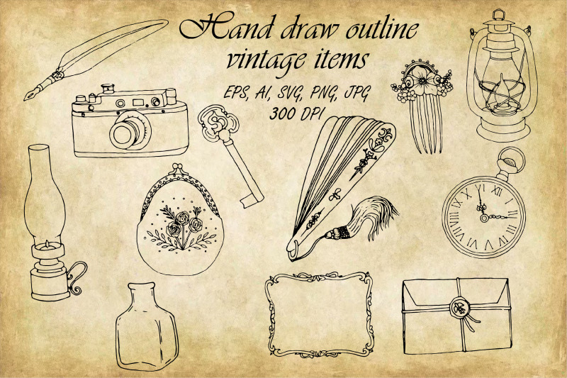 bundle-of-outline-vintage-retro-items-beautiful-antique-svg