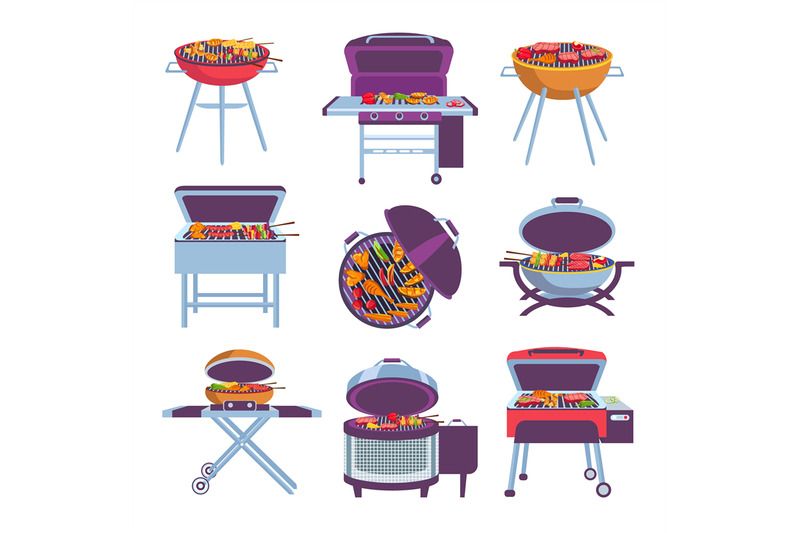 cartoon-barbeque-grills-bbq-oven-with-fry-food-meat-vegetables-saus