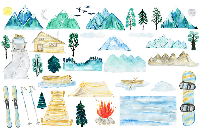 watercolor-mountains-set-camping-snowboard-skiing-sports