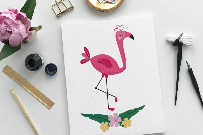 cute-flamingo-clipart-printable-tropical-jungle-leaves-pink-bird