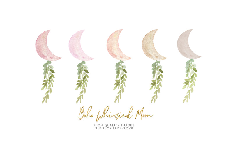 modern-boho-whimsical-moon-clipart-greenery-white-flowers