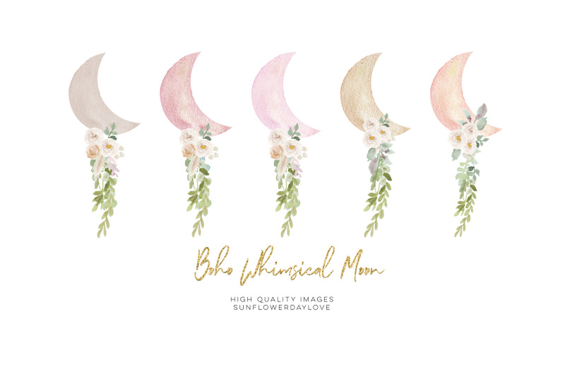 modern-boho-whimsical-moon-clipart-greenery-white-flowers