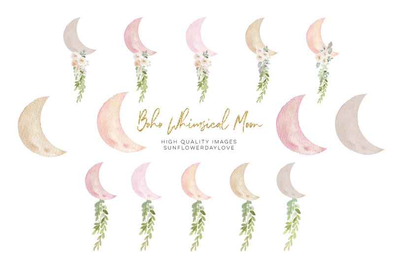 modern-boho-whimsical-moon-clipart-greenery-white-flowers