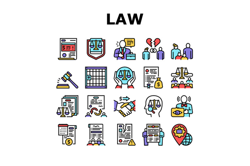 law-justice-dictionary-collection-icons-set-vector