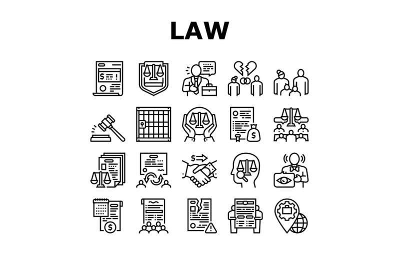 law-justice-dictionary-collection-icons-set-vector