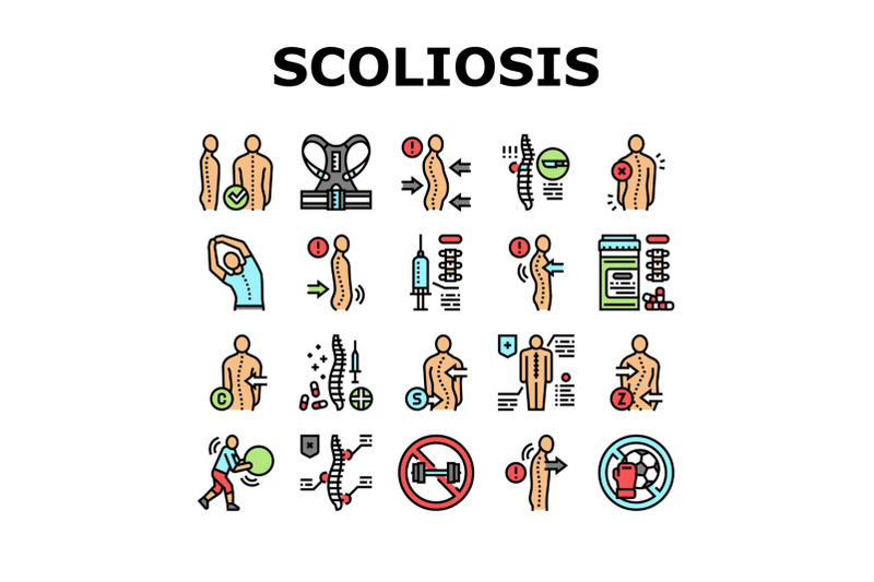 scoliosis-disease-collection-icons-set-vector