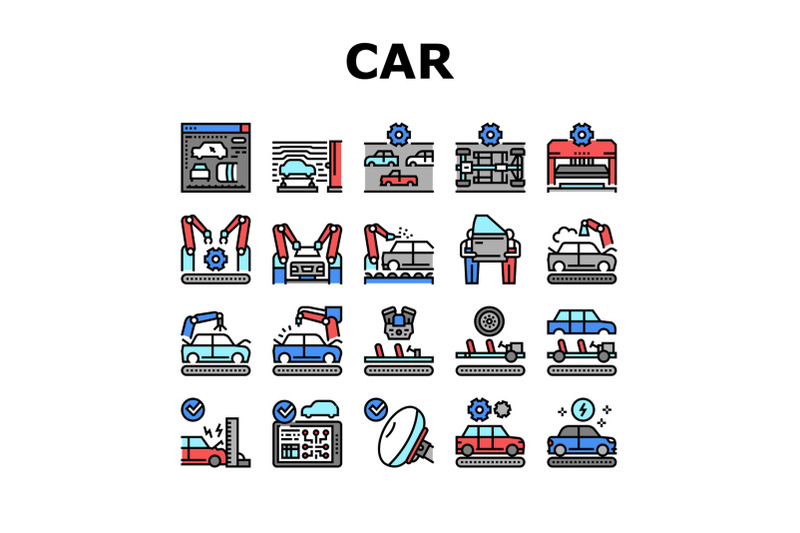 car-factory-production-collection-icons-set-vector