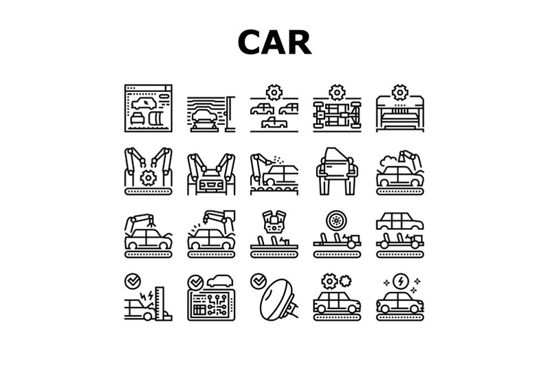 car-factory-production-collection-icons-set-vector