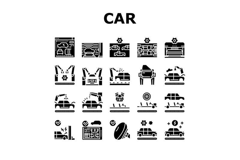 car-factory-production-collection-icons-set-vector