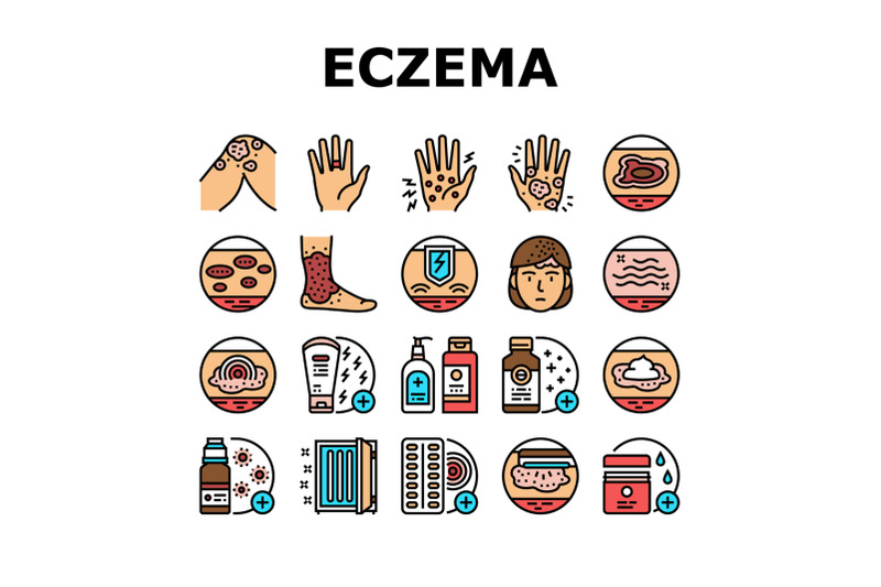 eczema-disease-treat-collection-icons-set-vector