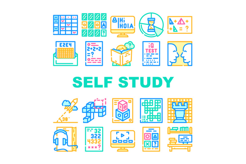 self-study-lessons-collection-icons-set-vector