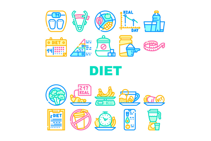 diet-products-and-tool-collection-icons-set-vector