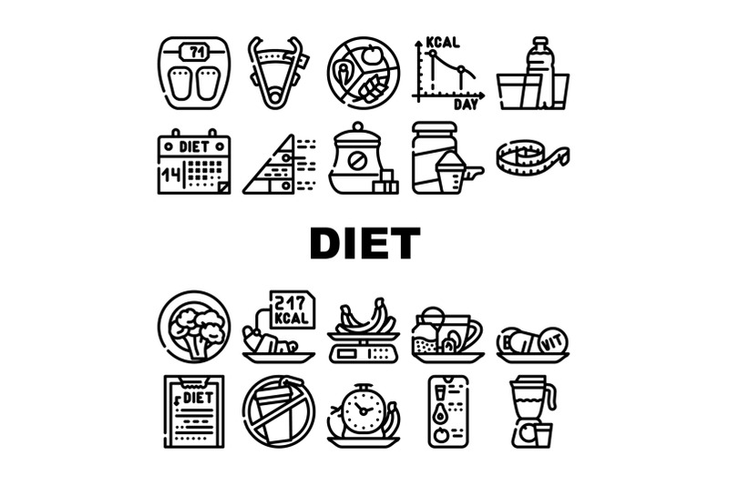 diet-products-and-tool-collection-icons-set-vector