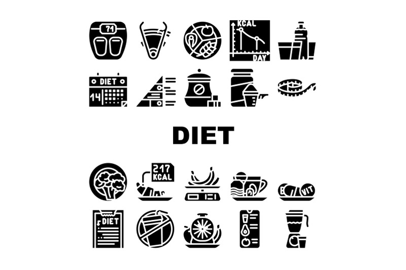 diet-products-and-tool-collection-icons-set-vector