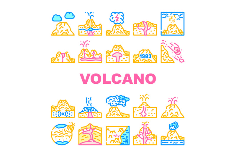 volcano-lava-eruption-collection-icons-set-vector