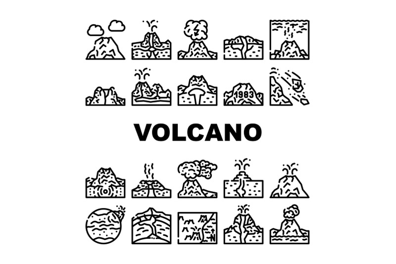 volcano-lava-eruption-collection-icons-set-vector