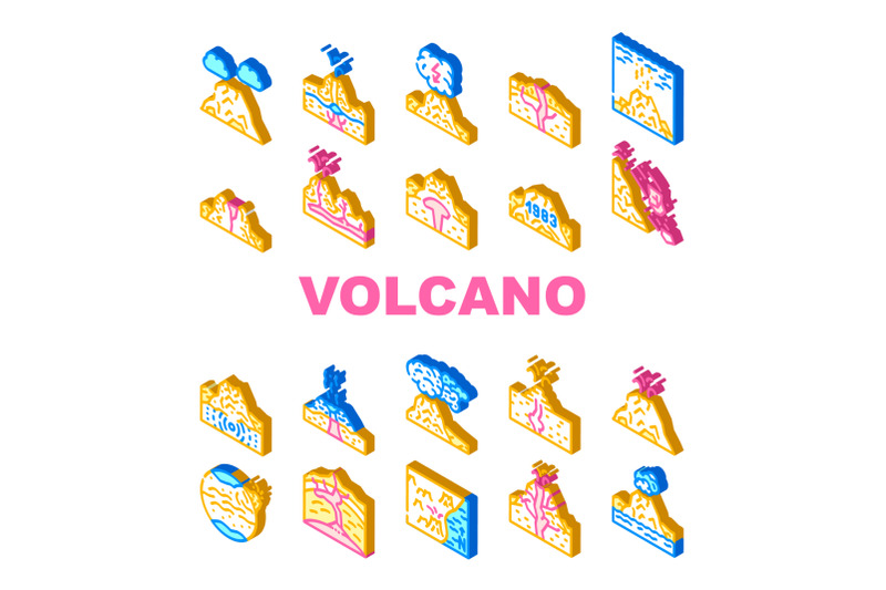 volcano-lava-eruption-collection-icons-set-vector