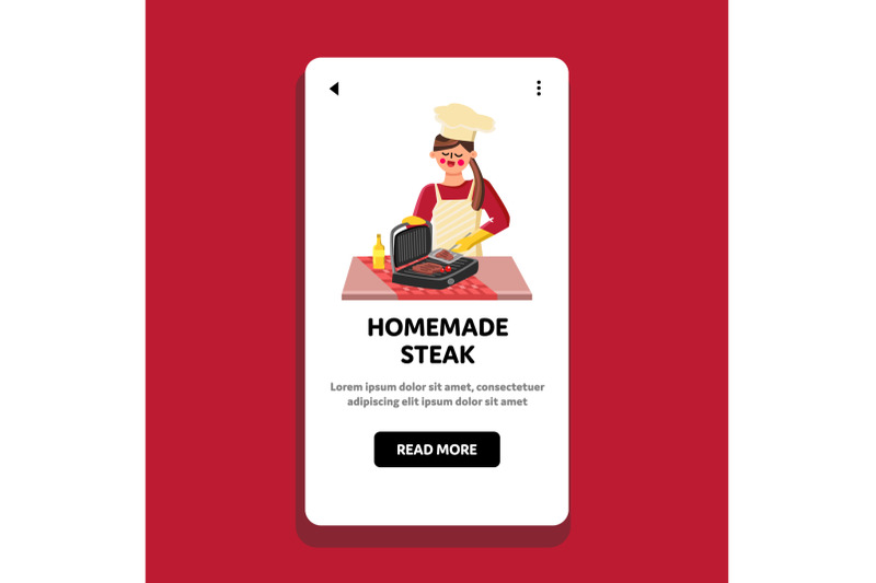 homemade-steak-cooking-girl-chef-on-grill-vector