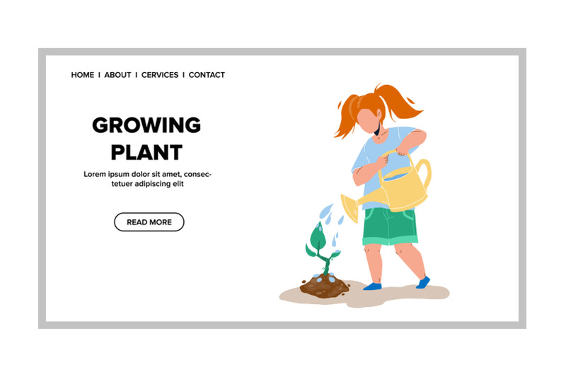 growing-plant-in-garden-and-girl-watering-vector