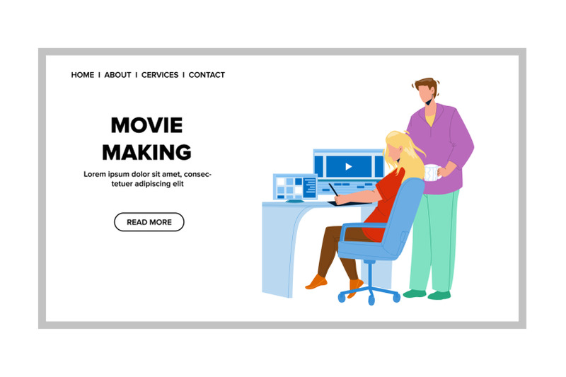 movie-making-editor-team-couple-on-computer-vector