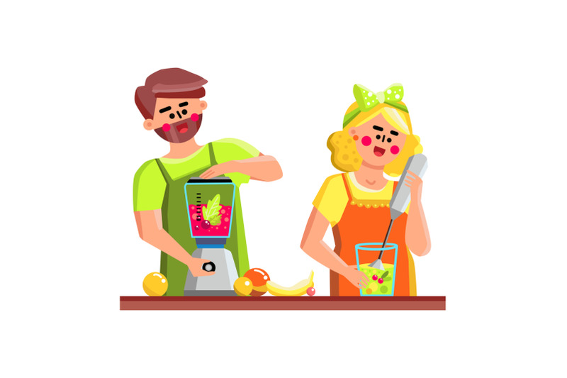 in-blender-tool-couple-preparing-smoothie-vector