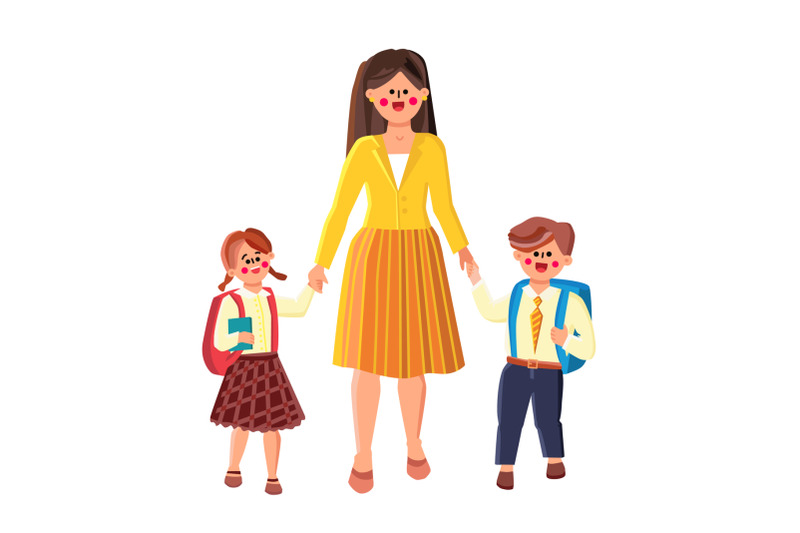 go-to-school-woman-lead-pupil-boy-and-girl-vector