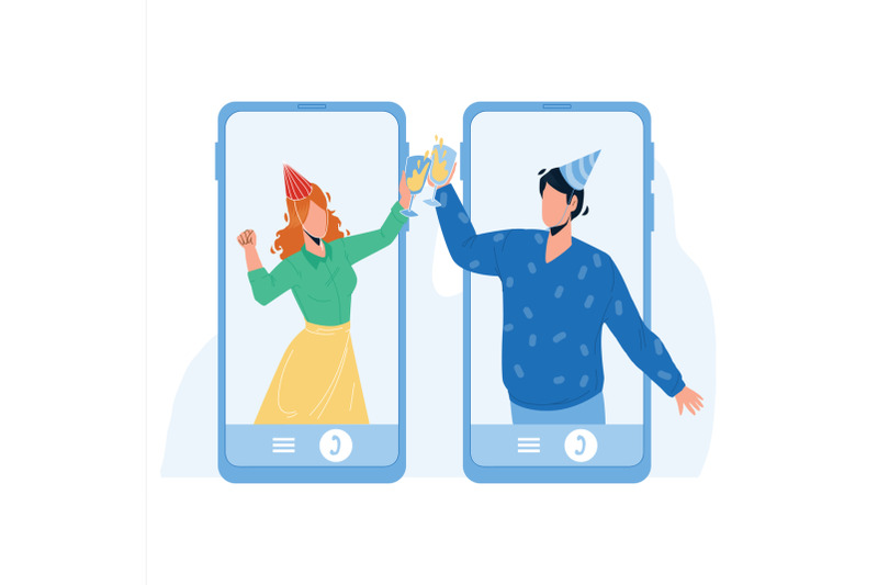 online-celebrating-birthday-friends-couple-vector