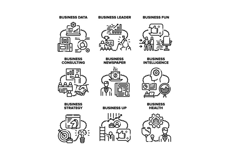 business-strategy-set-icons-vector-black-illustration