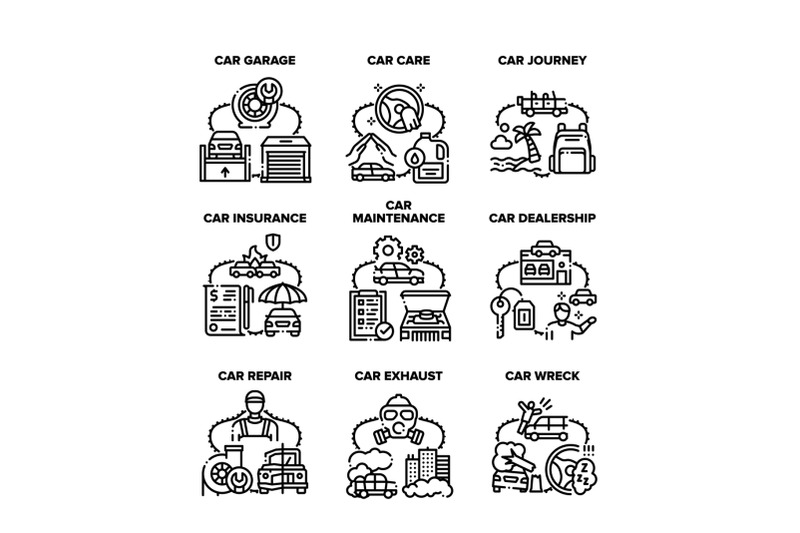 car-repair-garage-set-icons-vector-black-illustration