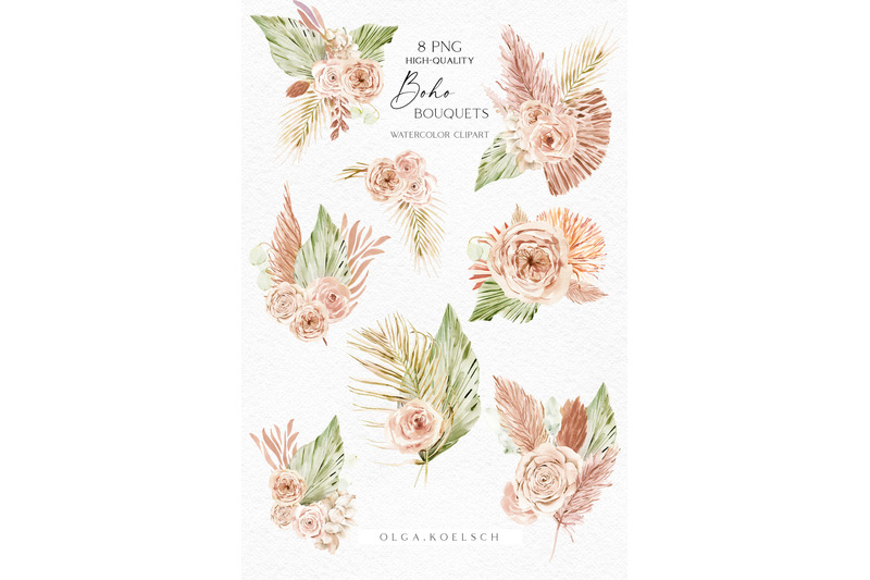 watercolor-boho-dried-flower-clipart-palm-boho-roses-bouquets-png