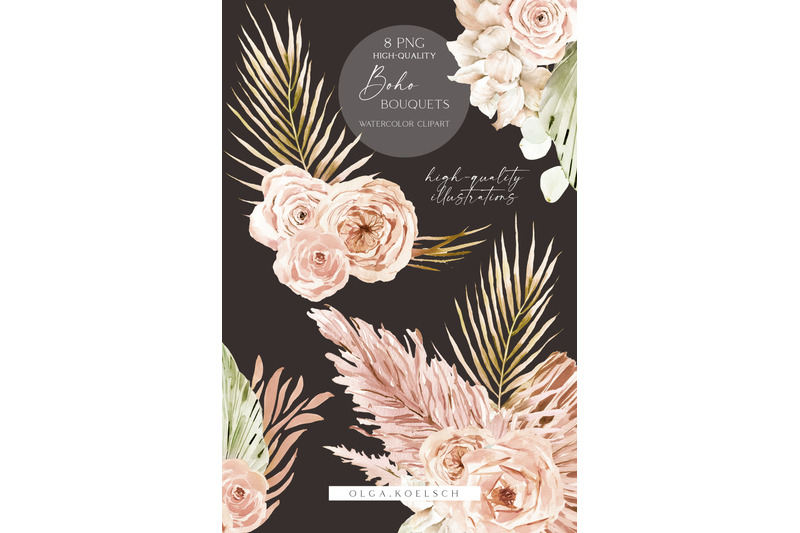 watercolor-boho-dried-flower-clipart-palm-boho-roses-bouquets-png
