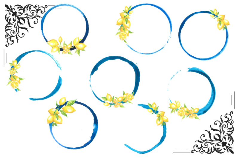 blue-watercolor-circle-frames-with-lemons