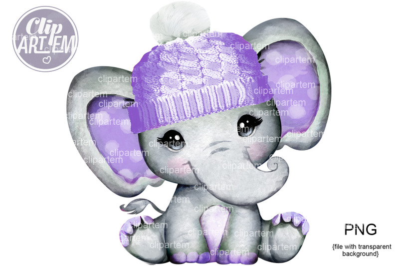 cute-baby-girl-elephant-with-beanie-purple-winter-hat-png