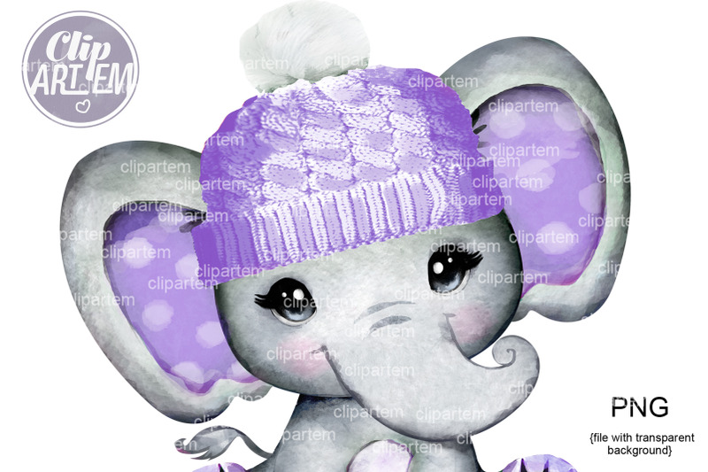 cute-baby-girl-elephant-with-beanie-purple-winter-hat-png